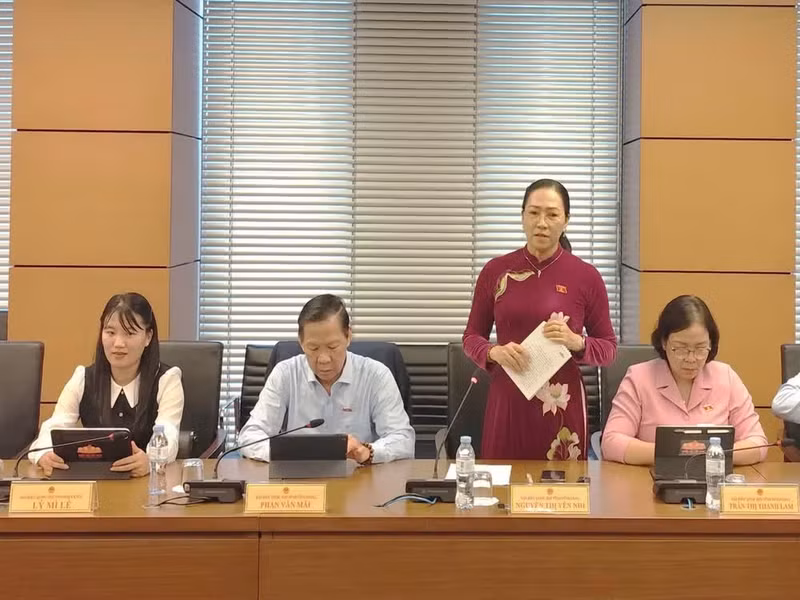 永隆省代表阮氏燕儿在讨论中发言。
