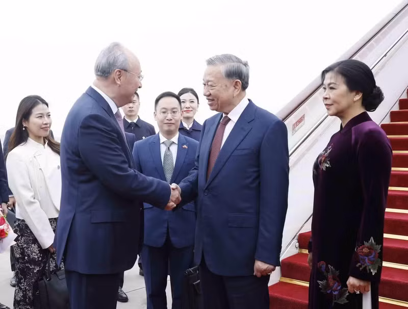 中方在北京国际机场举行欢迎仪式，迎接越共中央总书记、国家主席苏林及夫人。图片来源：越通社