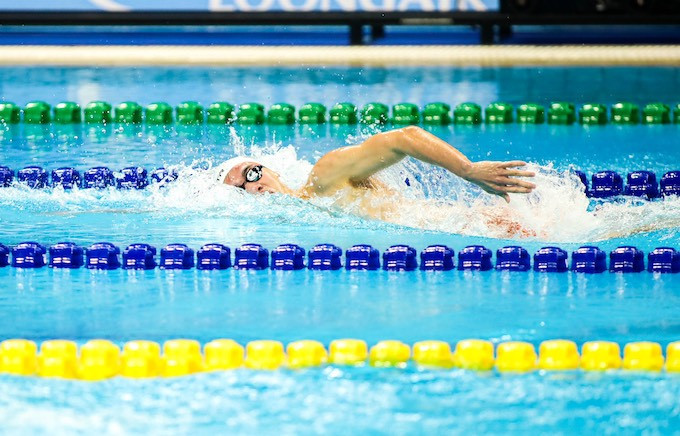 在男子800米自由泳决赛，越南游泳运动员阮辉煌以7分51秒44夺得铜牌。