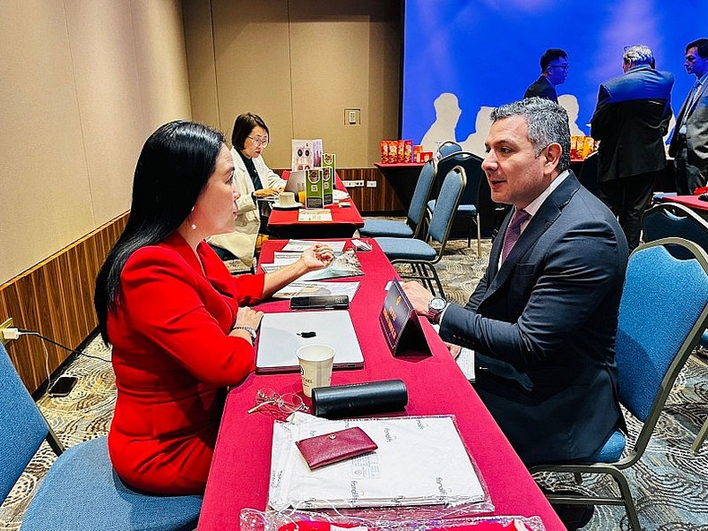 越南企业同哥伦比亚企业代表交换意见。