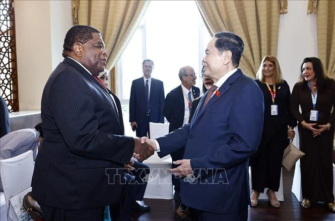 越南国会主席陈青敏和与会代表握手。