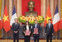  越南国家主席梁强与法国总统埃马纽埃尔·马克龙共同出席并见证越法在多个重要领域的合作文件交换仪式。