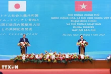 越南政府总理范明正与日本首相石破茂共同会见记者。