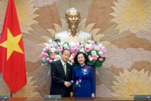 张氏梅女士同日越友好议员联盟主席二階俊博握手。