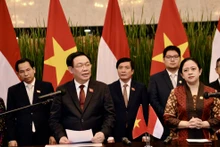 越南国会主席王廷惠与印尼国会议长普安•马哈拉尼在会谈后举行记者会。
