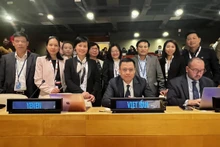 越南常驻联合国代表团团长、谈判代表团团长邓黄江大使与越南代表团出席会议。