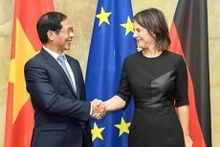 越南外交部长裴青山与德国外交部长安娜莱娜·贝尔伯克握手。