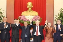 越共中央总书记阮富仲和柬埔寨王国国会主席韩桑林以及两国代表合影。