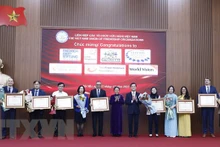 越南友好组织联合会主席阮芳娥大使和外交部副部长何金玉向各外国非政府组织颁发政府总理奖状。（图片来源：越通社）