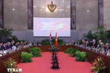越共中央总书记、国家主席苏林与古共中央第一书记、古巴国家主席米格尔·迪亚斯-卡内尔·贝穆德斯举行会谈。（图片来源：越通社）