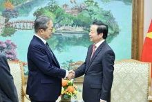 越南政府副总理陈红河会见日本外务省顾问、负责亚洲零排放共同体倡议的大使山田贵雄。（图片来源：越通社）