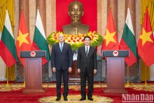 越南国家主席梁强和保加利亚总统鲁门·拉德夫在越保合作文件互换仪式。