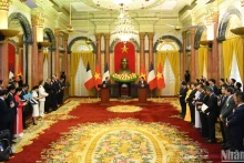 越南国家主席梁强与法国总统马克龙共同会见记者。