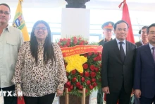 越南政府副总理陈流光和委内瑞拉玻利瓦尔共和国外交部副部长塔蒂亚娜·普格·莫雷诺以及越南代表团在献花缅怀胡志明主席。