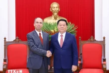 越共中央政治局委员、中央书记处书记、中央宣教与民运部部长阮重义会见古巴驻越南大使罗赫利奥·波兰科·富恩特斯。（图片来源：越通社）