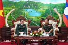 越南国防部副部长黄春战上将礼节性拜会老挝国防部部长占沙蒙·占雅拉大将。（图片来源：VOV）