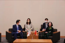 越共中央政治委员、中央书记处书记、中央组织部部长、越日友好议员小组主席张氏梅会见日本公明党党首山口那津男。（图片来源：越通社）
