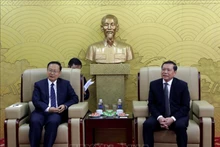 越共中央委员、中央宣教部常务副部长赖春门在河内会见了中共中央宣传部副部长、中国国务院新闻办公室主任孙业礼。（图片来源：越通社）