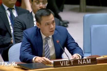 越南常驻联合国代表团团长邓黄江大使在会上发表讲话。（图片来源：越通社） 