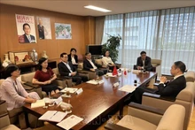越共中央民运部副部长赵才荣与日本自由民主党政策研究部副部长铃木圭介举行工作会议。（图片来源：越通社）