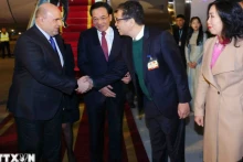 越南驻俄罗斯大使邓明魁前来内排国际机场欢迎米舒斯京总理。（图片来源：越通社）
