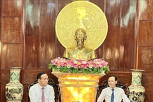 芹苴市委书记阮文孝（右）会见柬埔寨驻胡志明市总领事陈索里坎。（图片来源：越通社）