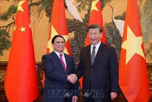 越南政府总理范明正会见中共中央总书记、中国国家主席习近平。（图片来源：越通社）