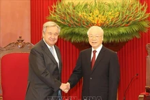 越共中央总书记阮富仲会见联合国秘书长安东尼奥·古特雷斯。（图片来源：越通社）