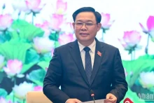越南国会主席王廷惠在见面会上发表讲话。