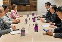 越南科学与技术部部长黄成达同古巴科学、技术与环境部长Elba Roza Perez Montolla举行座谈会。（图片来源：越通社）