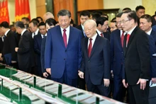 越共中央总书记阮富仲和中共中央总书记，国家主席习近平观看两国签署的合作文件。（图片来源：vnexpress.net）