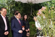 范明正总理携夫人给名为“范黎珍政”的新兰花品种挂上了铭牌。