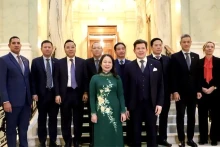 越南国家副主席武氏映春、瑞典议会议长安德烈亚斯·诺尔连和各位代表合影。（图片来源：越通社）