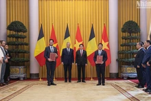 越南国家主席梁强同比利时国王菲利普见证两国合作文件交换仪式。