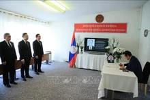 越南常驻联合国日内瓦办事处和瑞士其他国际组织代表团团长梅潘勇吊唁老挝人民革命党前主席、老挝前国家主席坎代·西潘敦，并在吊唁簿上题词。（图片来源：越通社）