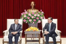 河内市市委书记丁进勇和柬埔寨王国参议院主席赛冲。（图片来源：越通社）