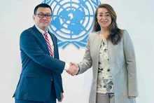 越南常驻奥地利维也纳联合国和其他国际组织代表团团长武黎泰黄大使与联合国副秘书长、联合国毒品和犯罪问题办公室执行主任加达·瓦利。（图片来源：越通社）