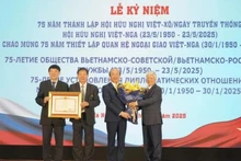 杜文战同志代表党和国家领导人向越俄友好协会颁发政府总理奖状。（图片来源：越通社）