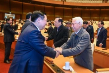 越南国会主席王廷惠出席前国会领导人新春见面会。（维灵 摄）