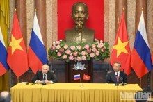 越南国家主席苏林与俄罗斯总统普京共同会见记者。