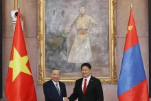 越共中央总书记、国家主席苏林（左）与蒙古国总统乌赫那·呼日勒苏赫。
