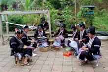 莱州省三唐县卢族妇女缝制土锦传统服饰。