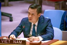越南常驻联合国代表团团长邓黄江大使在会议上发言。（图片来源：越通社）