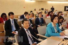 越南常驻世界贸易组织和瑞士其他国际组织代表黎氏雪梅大使与越南代表团出席会议。（图片来源：越通社）