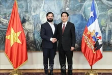 越南国家主席梁强（右）与智利总统博里奇握手。（图片来源：越通社）