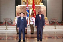 越南国会主席王廷惠与古巴全国人民政权代表大会主席在欢迎仪式上合影。（图片来源：越通社）