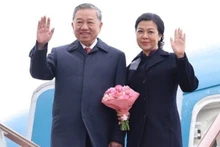 越共中央总书记苏林偕夫人吴芳璃乘专机离开首都莫斯科伏努科沃机场。（图片来源：越通社