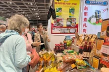 客户在中国香港举行的亚洲素食展上参观越南企业的产品。（图片来源：越通社）
