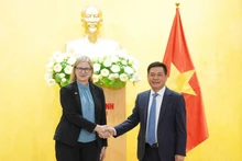 越南工贸部部长阮鸿延与瑞典驻越南大使安·茂维握手。（图片来源：工贸部）