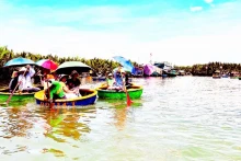 游客在会安市锦清乡的七亩椰子林旅游区体验。